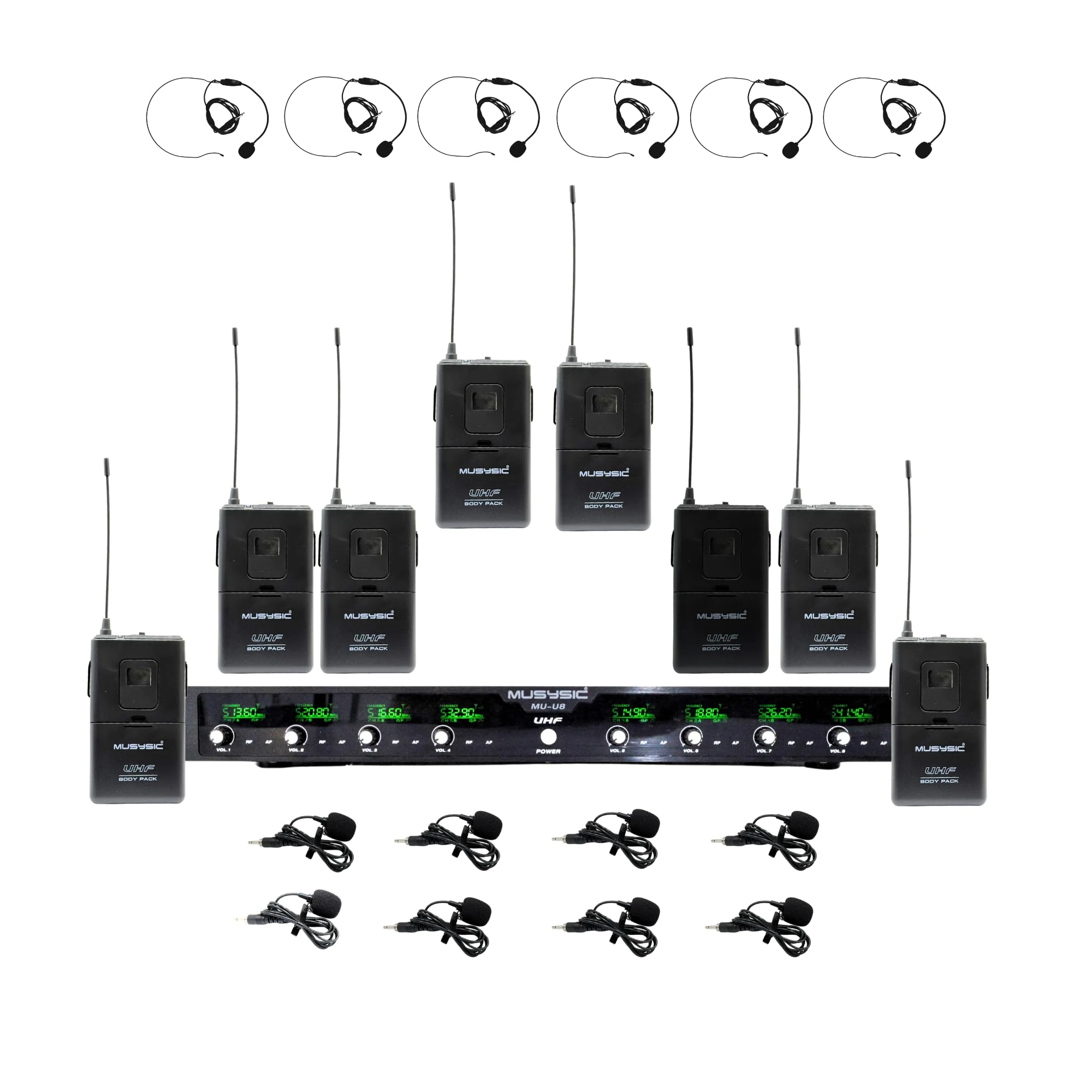 MUSYSIC 8-Channel Professional Wireless UHF Microphone System, 300ft Range Fixed Frequency Bodypack Headset/Lapel Microphones for Singing, Karaoke, Church, DJ (Frequency Set 2)