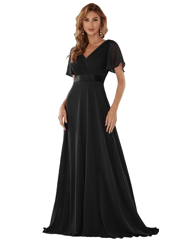 Ever-Pretty Women's Double V-Neck Short Flutter Sleeves Empire Waist Elegant Chiffon Long Evening Dresses Black 24UK