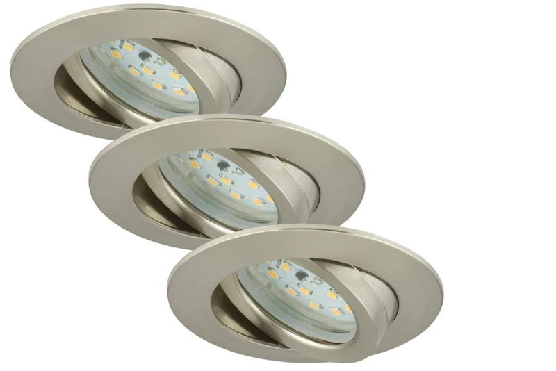 BRILONER Leuchten – Recessed LED Downlight, Set of 3 Adjustable and dimmable LED Ceiling Lights, 6.5 Watt, 570 Lumens, 3,000 Kelvin, IP23, Matte Nickel, 82x28mm (DxH)