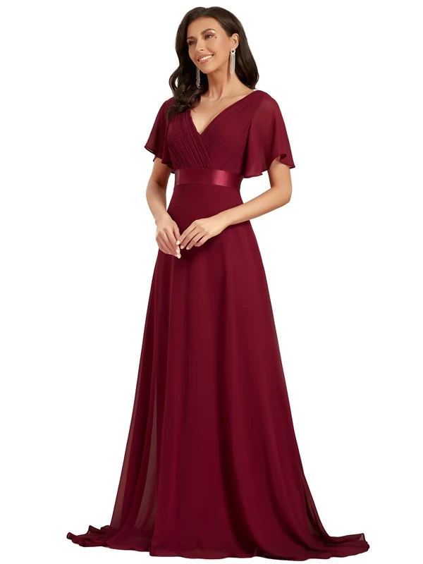 Ever-Pretty Women's Double V-Neck Short Flutter Sleeves Empire Waist Elegant Chiffon Long Evening Dresses Burgundy 22UK