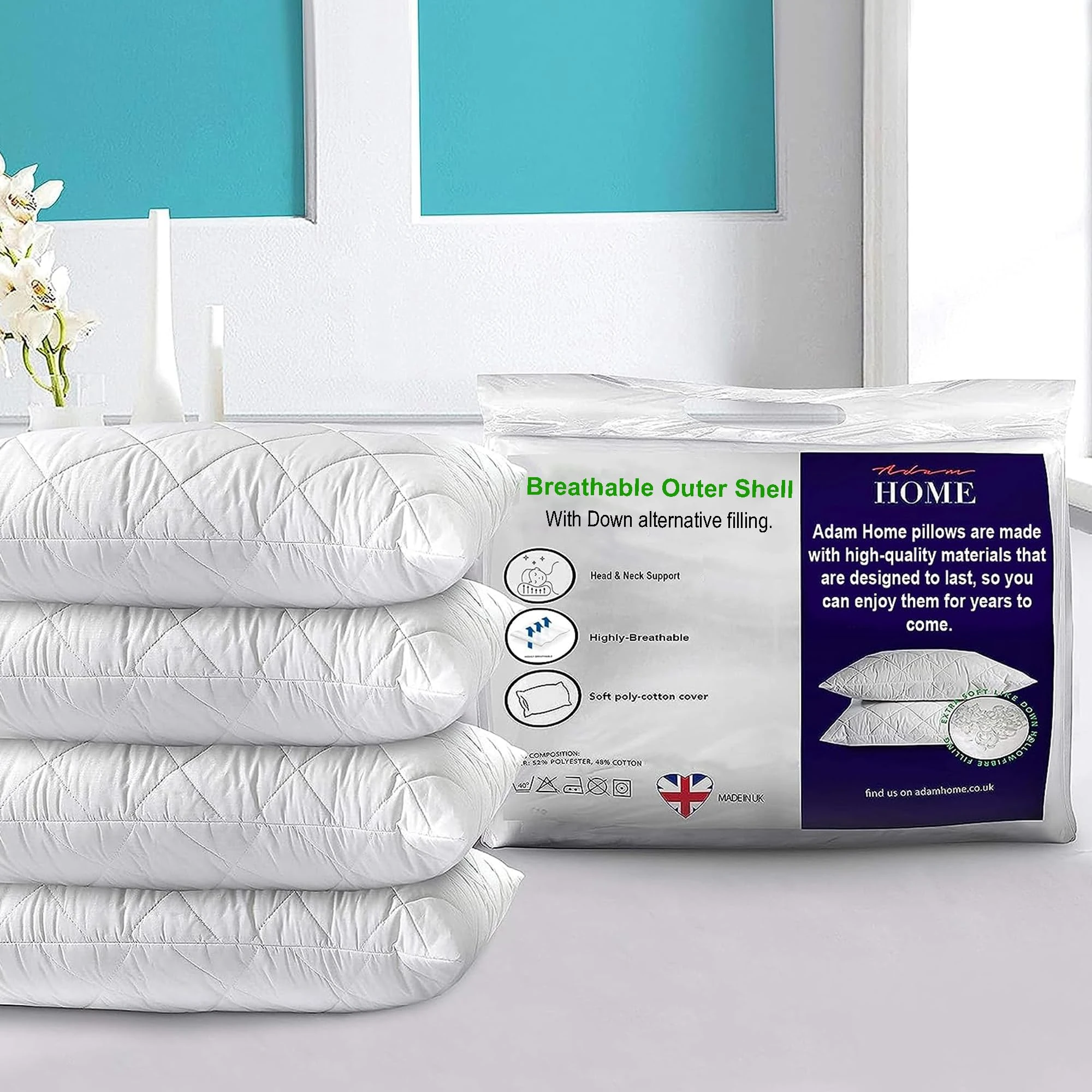 Adam Home Premium Pillows 4 Pack Hotel Quality Firm Support with Quilted Cover Hypoallergenic and Anti Dust Mite Soft Hollow-Fiber Down Alternative Bed Pillow for Stomach Back and Side Sleeper