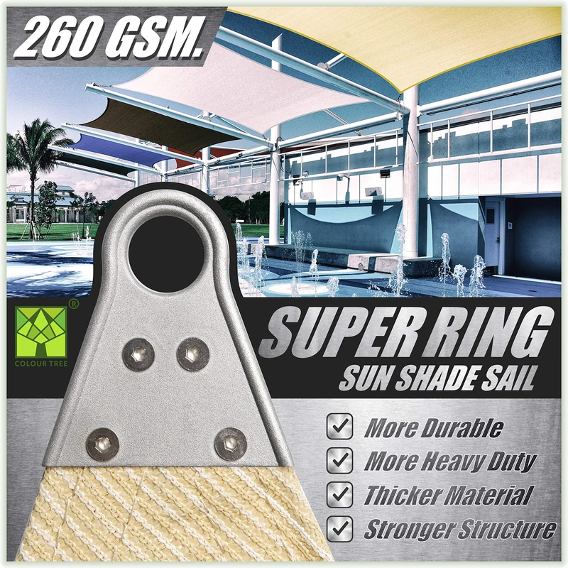 ColourTree Beige Ring Sun Shade Sail Canopy Structure, Super Durable Heavy Duty, Reinforced Corners, Edges & 260 GSM Permeable Fabric (16' x 16' x 16')