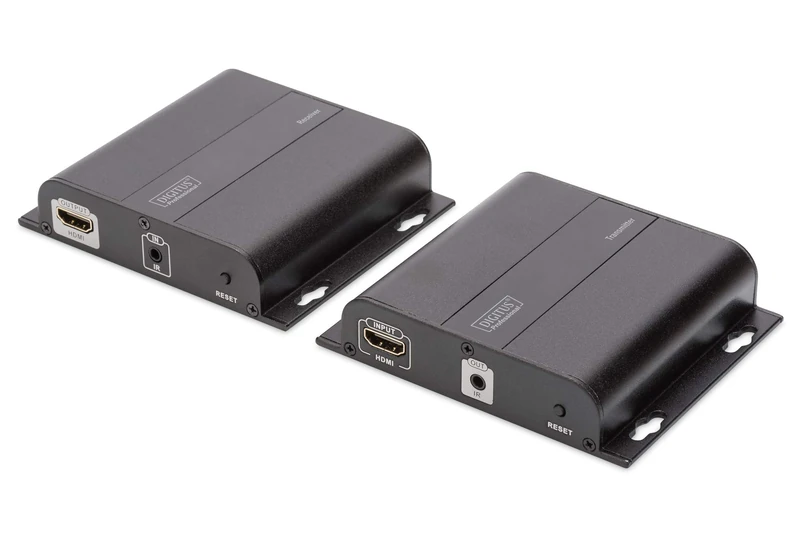 DIGITUS DS-55122 HDMI Extender/HDMI Splitter – UHD 4K 30 Hz – 120 m via LAN cable/Unlimited via Ethernet (IP-enabled) – Set: Transmitter & Receiver – Loop-Out, IR Infrared – HDCP 1.4