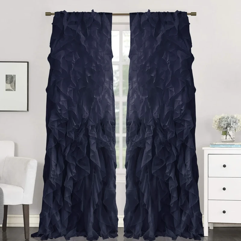 Sweet Home Collection Pair of Vertical Gathered Voile Curtains 84" x 50" Shabby Chic 84" x 50" Navy