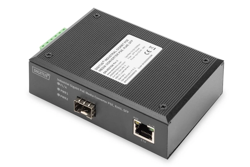DIGITUS Industrial Gigabit Ethernet PoE+ Media Converter SFP Open Slot, without SFP Module, PSE, 802.3at - Image 1