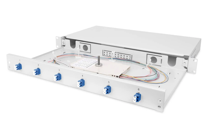 DIGITUS Professional Fibre-optic Splice Box, LC (OS2), 1U, Retractable, Equipped with 6x LC Duplex, Coloured Pigtails, M20/M25 screw connection, Cassette cover, Strain Relief, Grey (RAL 7035)
