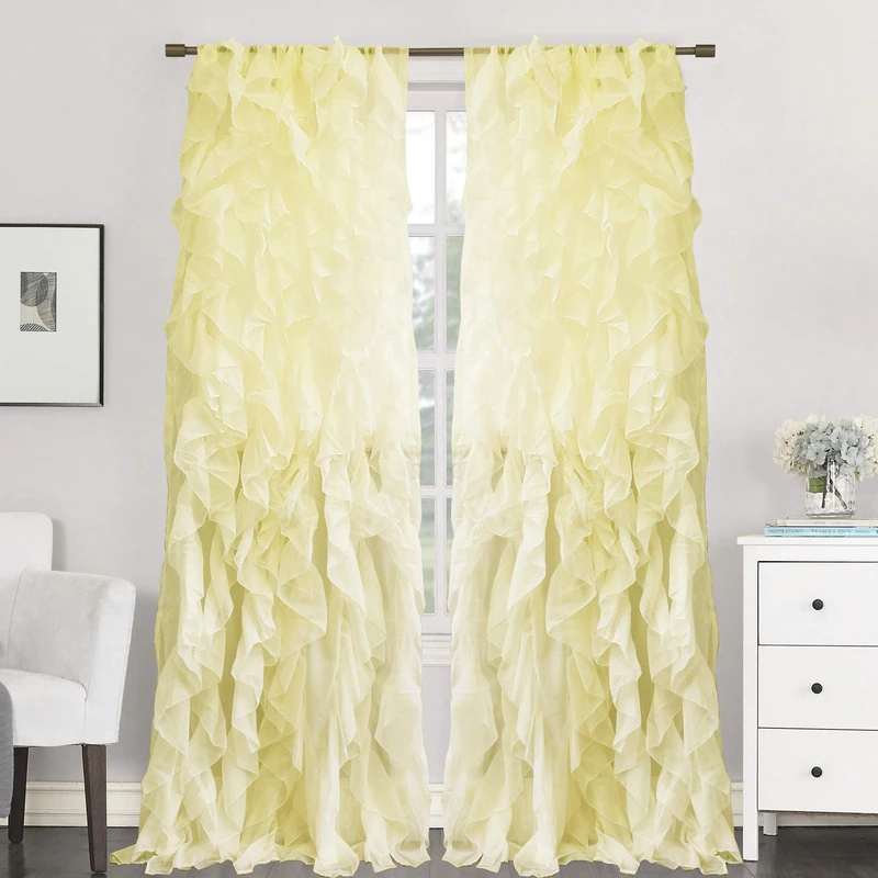 Sweet Home Collection Pair of Vertical Ruffled Voile Curtains 84" x 50" (108" x 50") Corn Yellow - Image 1