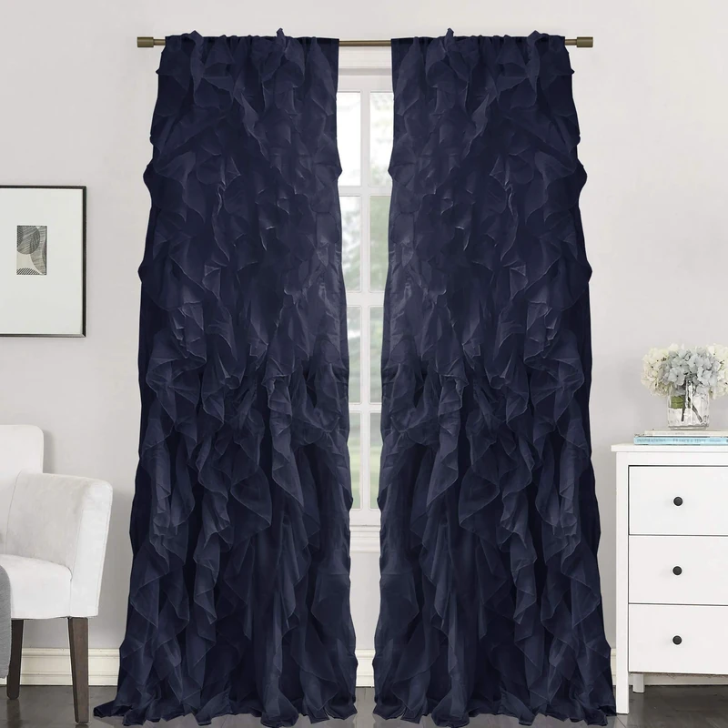 Sweet Home Collection 2 Pack Window Panel Sheer Voile Vertical Ruffled Waterfall Curtains, 108 in x 50 in, Navy