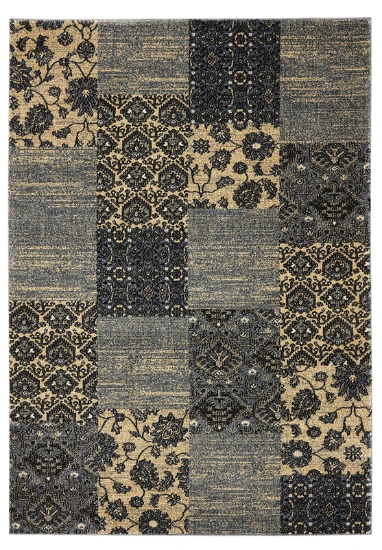 Aspect Fez Vintage Style Area Rug, Blue with Black and Beige, 120x170cm