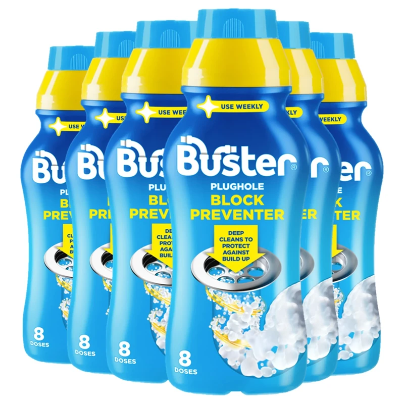 Buster Plughole Block Preventer and Drain Cleaner (Pack of 6 x 500ml) Prevents Blockages and Build-Up in Bathroom and Kitchen Pipes, Fast-Acting Drain Unblocker Removes Bad Odours - Made in UK