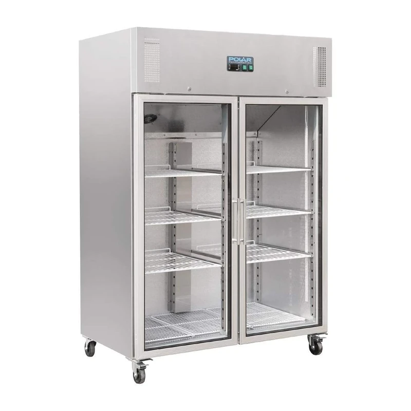 Polar Refrigeration G-Series 600W Upright Double Door Gastro Display Fridge 1200 Litre, Stainless Steel, 2°C to 8°C, 2010(H)x1340(W)x800(D)mm, 6 Shelves, Energy Rating C, 4 Lockable Castors | CW198