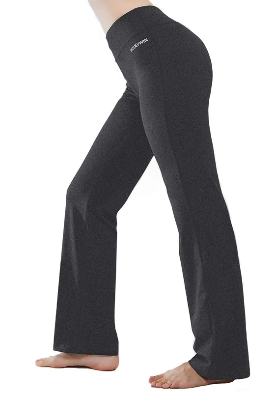 HISKYWIN Inner Pocket Yoga Pants 4 Way Stretch Tummy Control Workout Running Pants, Long Bootleg Flare Pants H09-Dark grey-M