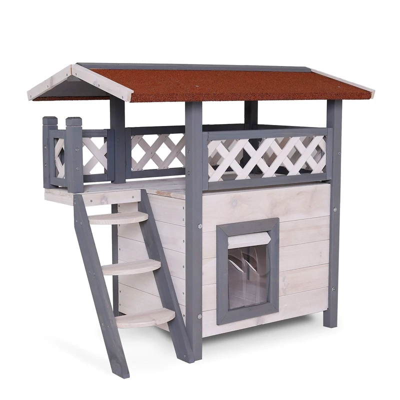lionto Dibea Lodge Cat House (Wood, 77 x 50 x 73 cm) with Terrace and Stairs