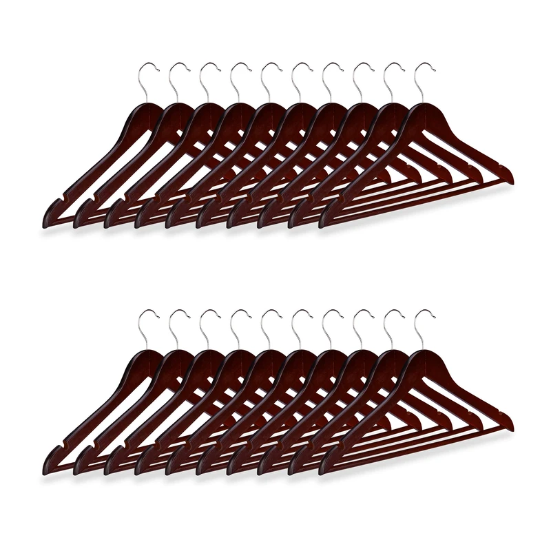 Relaxdays Wooden Coat Hanger Set, Pack of 20 Clothes Hangers for Trousers and Shirts, H x W x D: 23 x 44 x 1 cm, Brown