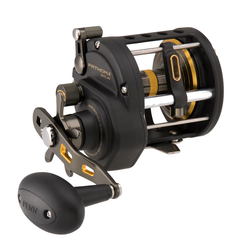 PENN Fathom® II Level Wind, Saltwater Fishing Reel, Conventional Reels, Sea - Nearshore/Lake Fishing, Shore and Kayak Fishing, Unisex, Black Gold, 30 | Right Hand