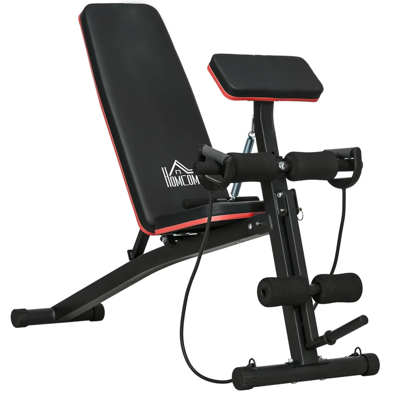 HOMCOM Foldable Weight Bench, Strength Training Sit Up Bench, Incline Decline Bench with 7-Level Backrest, Leg Extension Machine, Preacher Pad and Resistance Band for Home Gym Workout, Red
