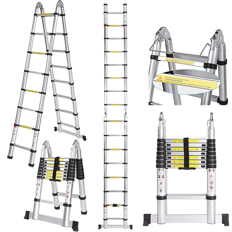 Voluker 5M Folding Ladder,Aluminum Telescopic Ladder,Extendable Ladder,2.5M+2.5M,Max Load150kg Silver