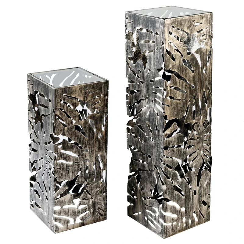Casablanca Flora Pillar Made of Glass and Metal - Bronze - Antique Finish - Leaf Motif - Height 70 cm x Width 27 cm - Decorative Column