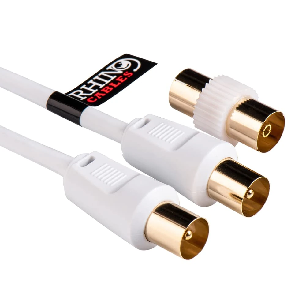 rhinocables Coaxial TV Aerial Cable with Gold-Plated Connectors | Male to Male RF Coax Lead with Female Adapter |Universally Compatible Fly Lead for HD/Standard TVs & Satellite Receivers (40m,White)