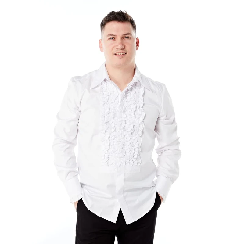 Zen Retro Mens Ruffle Ruche Frill Tuxedo Shirt White 2XL - Image 1