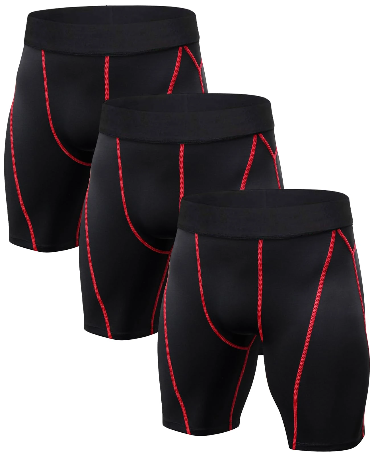 Niksa 3 Pack Mens Compression Shorts Gym Running Sports Underwear Base Layer Shorts Sports Undershorts Quick-Drying Fabric Men’s Workout Shorts with Compression Fit Black&Red L