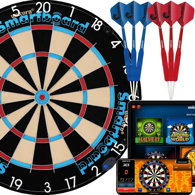 Unicorn Electronic Dartboard | Smartboard | Traditional Sisal Bristle | Connects to Bluetooth Scorebuddy App | includes 6 Steel Tip Darts