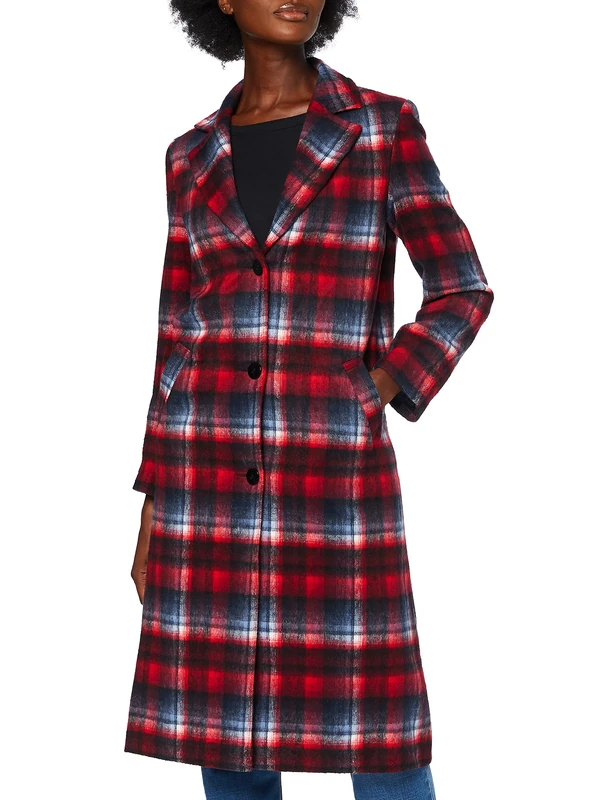 FIND Women's Tartan City Coat Coat, Multicolour (Red/ Navy Tartan), XXX-Large