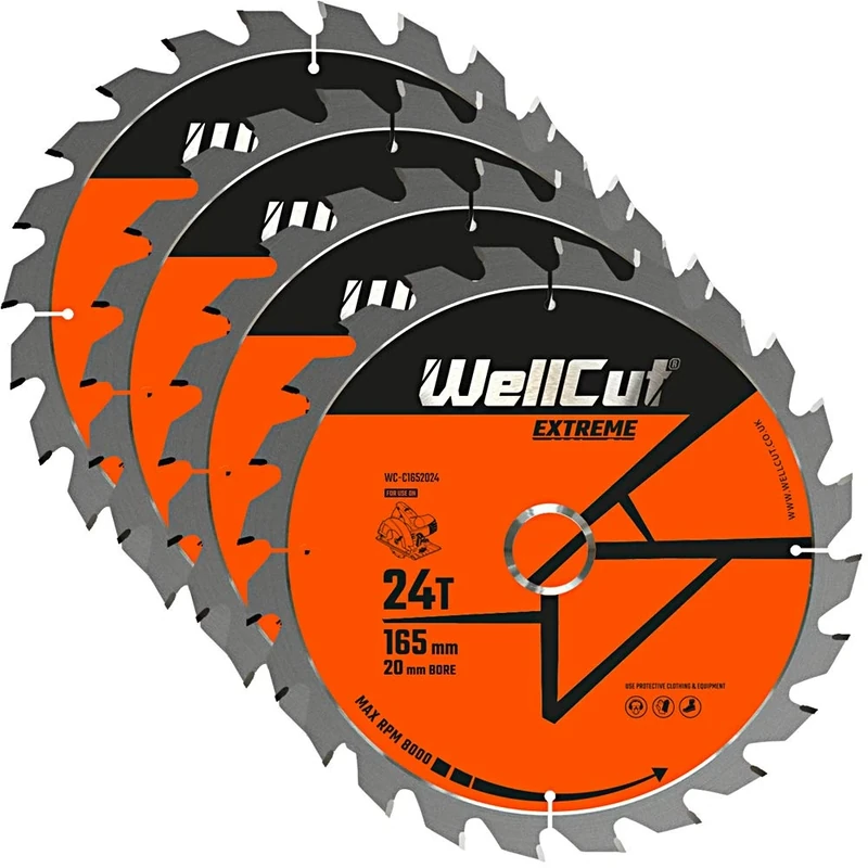WellCut TCT Saw Blade 165mm x 24T x 20mm Bore Suitable For DSS610, DSS611, DCS391, HD18CS Pack of 4
