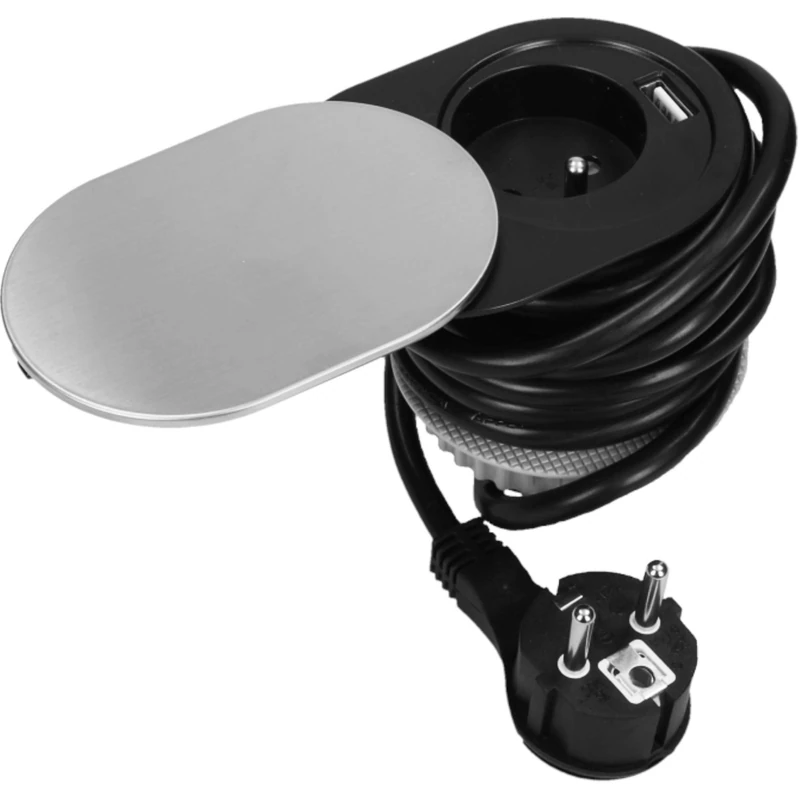 Orno AE-13124 Table Socket Retractable with Sliding Lid USB Charger and 1.9 m Long Cable Table French Type Black