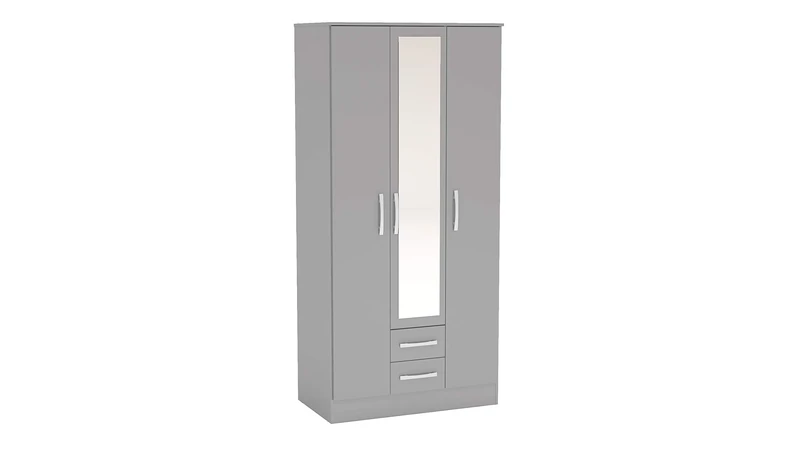 Birlea Lynx 3-Door 2-Drawer Wardrobe with Mirror-High-Gloss, Grey