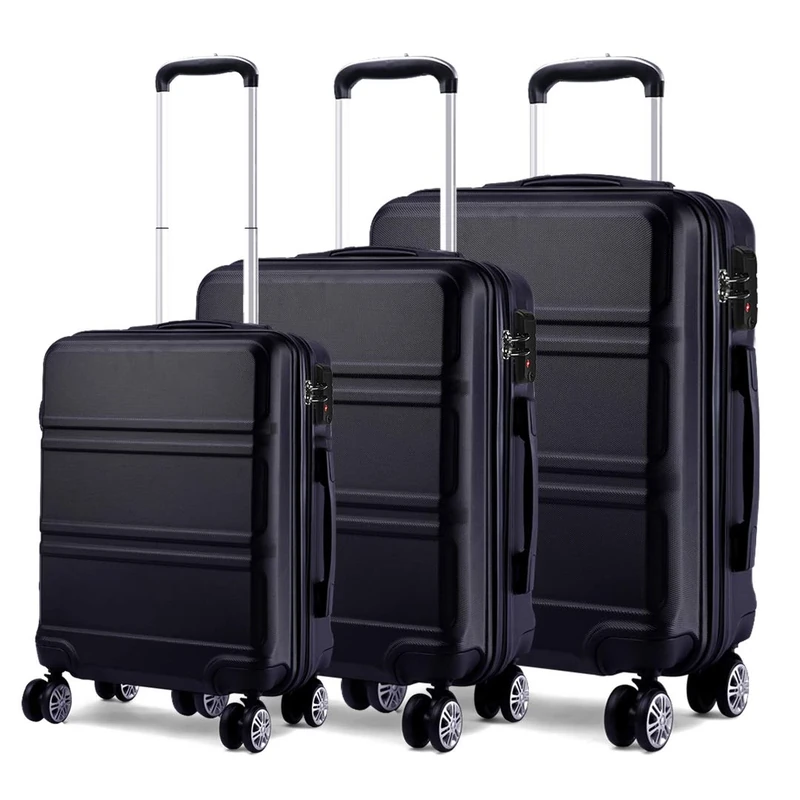 Kono Luggage Sets of 3 Piece Lightweight 4 Spinner Wheels Hard Shell Trolley Case 20"/24"/28" (Black Set)