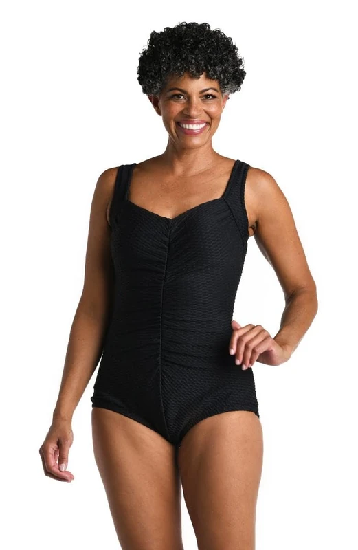 Maxine Of Hollywood Women's Shirred Front Girl Leg One Piece Swimsuit, Black//Textured Spa Solid, 6