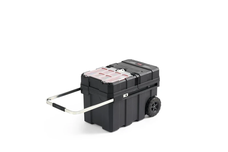 Keter Masterloader Resin Rolling Tool Box with Locking System and Removable Bins – Perfect Organization and Storage Chest for Power Drill, Tape Measure, and Screwdriver Set, Black
