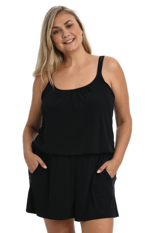 Maxine Of Hollywood Women's Plus Size Romper One Piece Swimsuit, Black//Solids, 22