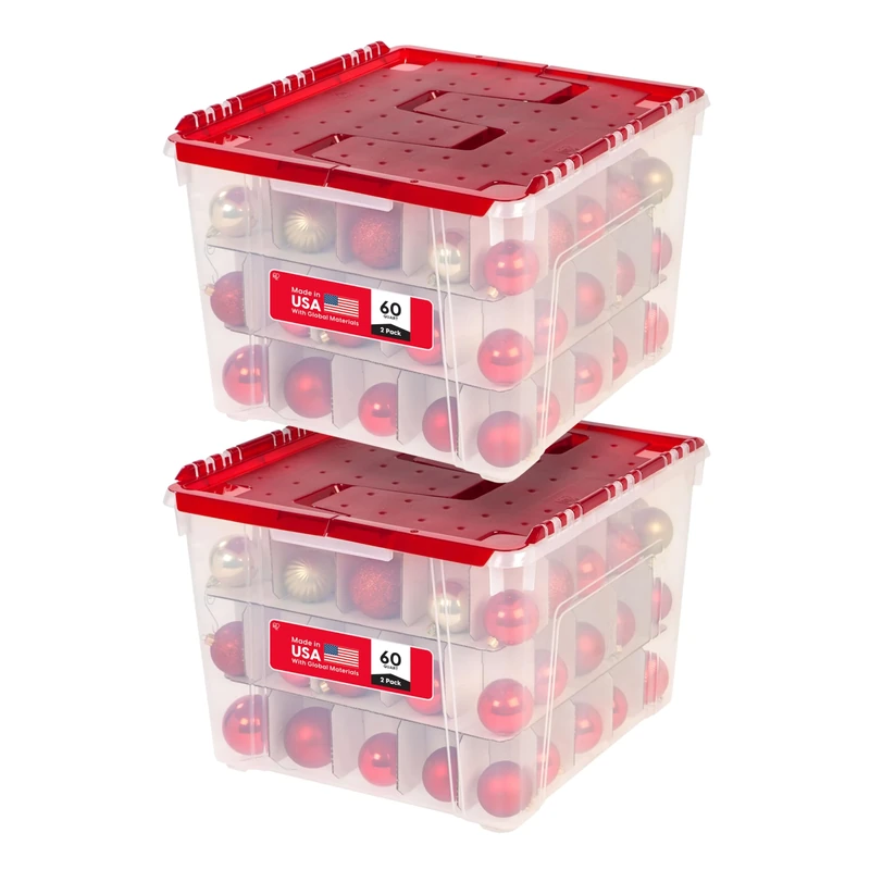 IRIS Holiday Wing-Lid Box with Ornament Dividers, 60 Qt, Clear/Red, 2 Pack
