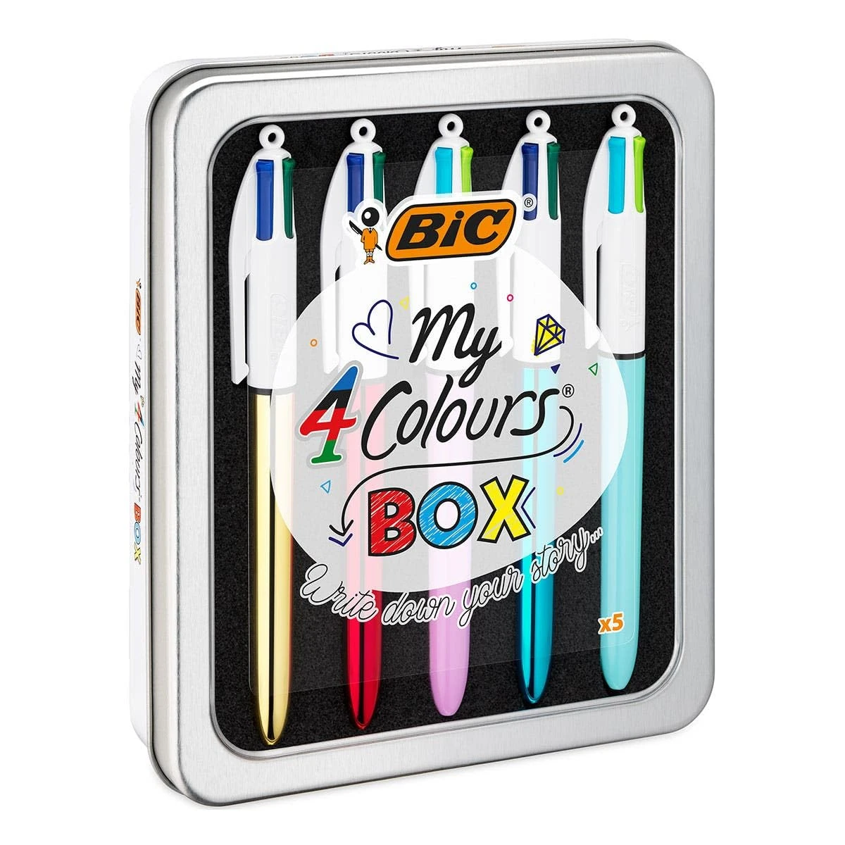 BIC 4 Colours Pens In A Special Metal Tin of 5 Pens, Includes mix of Shine and Bright Barrel Coloured Ink ,Black, red, blue, green