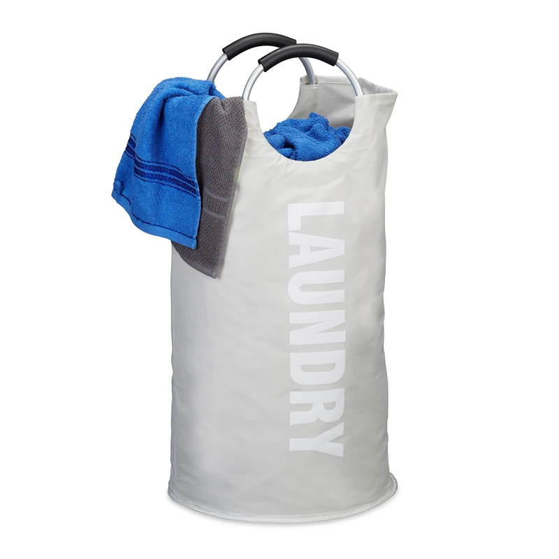 Relaxdays Laundry Bag with Handles, Folding, 100 L Capacity, Round Hamper, H x Ø: 70 x 38 cm, White