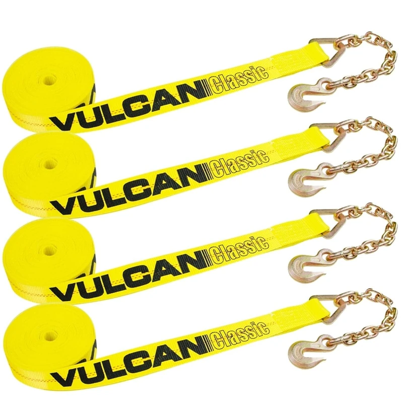 Vulcan Classic Winch Strap with Chain Anchor - 3,600 lbs. Safe Working Load (2'' x 27')- 4 Pack