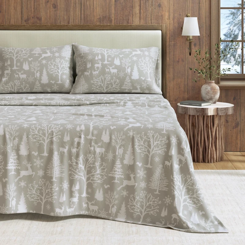 Great Bay Home Flannel Sheet Set California King Size - 100% Turkish Cotton, Double-Brushed, Printed Bed Sheets - Ultra-Soft, Cozy, 4-Piece Bedding Set (Enchanted Woods - Grey)