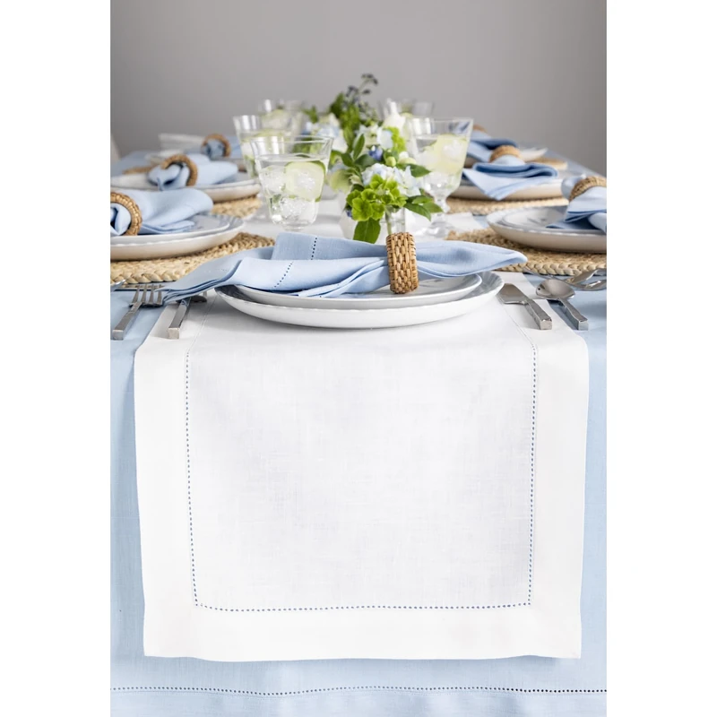 Solino Home 100% Linen Table Runner White, Classic Hemstitch 14 x 108 in