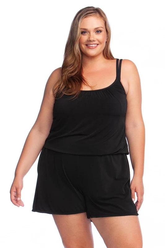 Maxine Of Hollywood Women's Plus Size Romper One Piece Swimsuit, Black/Solid Tri, 24