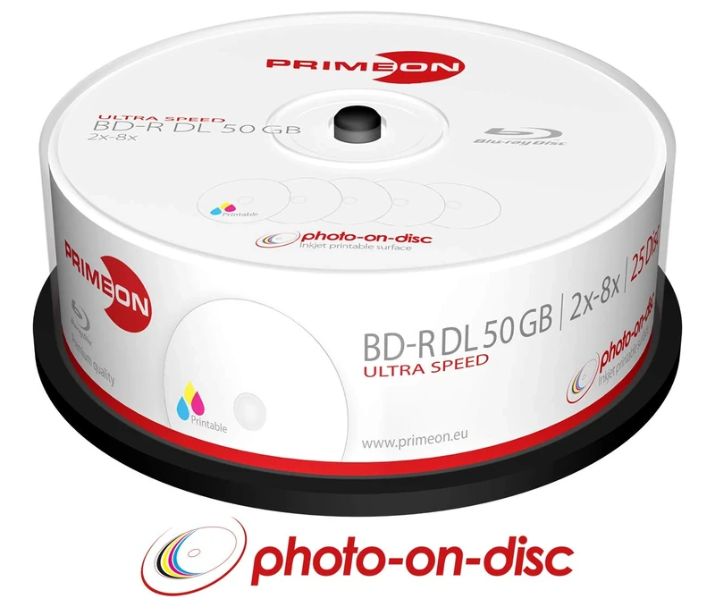 Primeon BD-R DL 50GB/2-8x Cake Box (25 Disc) Photo-on-Disc, Inkjet Full Size Printable Surface