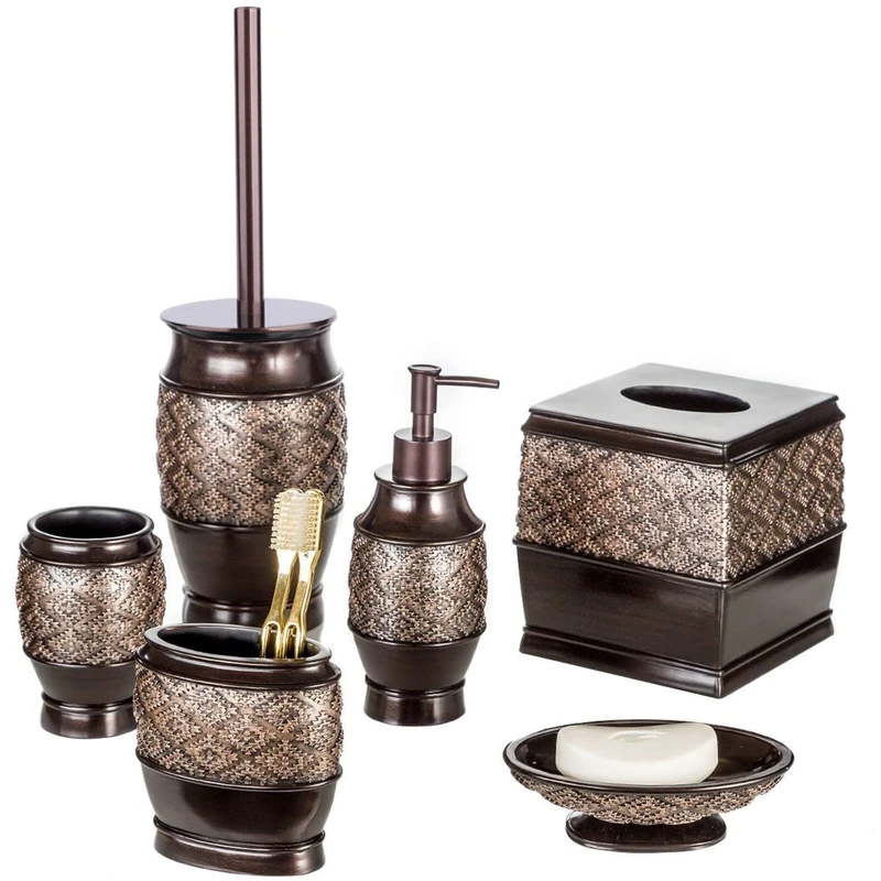 Creative Scents Brown Bathroom Accessories Set - 6-Piece Bathroom Set Includes: Decorative Soap Dispenser, Soap Dish, Tumbler, Toothbrush Holder, Tissue Box Cover and Toilet Bowl Brush (Dublin)