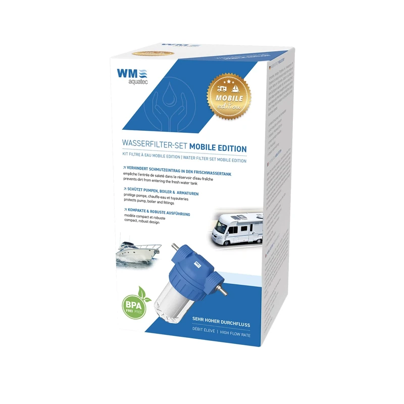 WM aquatec Water filter set Mobile Edition for pre-filtration when filling fresh water tank of motorhomes, caravans and boats - effectively filters out rust, sand and dirt in the water