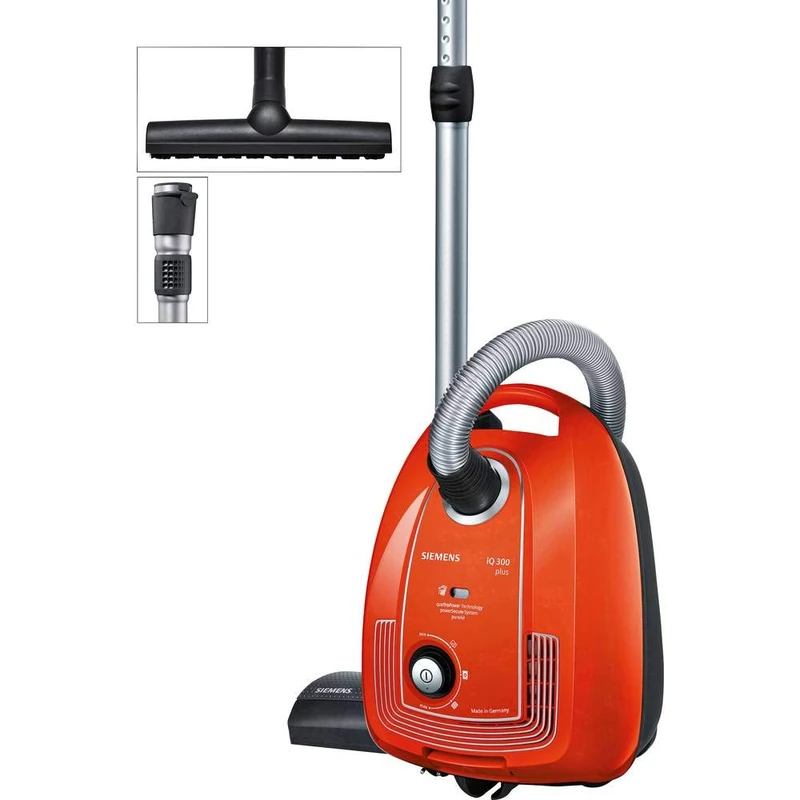 Siemens Vacuum Cleaner with Bag iQ300 VSP3AAAA, Floor Vacuum Cleaner, Hygiene Filter, Floor Nozzle for Parquet, Carpet, Tiles, Long Cable, Crevice Nozzle, 750 W, Red