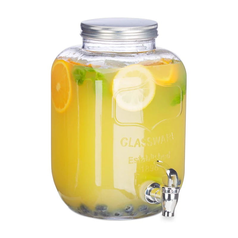 Relaxdays Iced-Beverage Glass Dispenser 5 L, Tap, Retro Juice Decanter, Transparent Vintage Lemonade Dispenser
