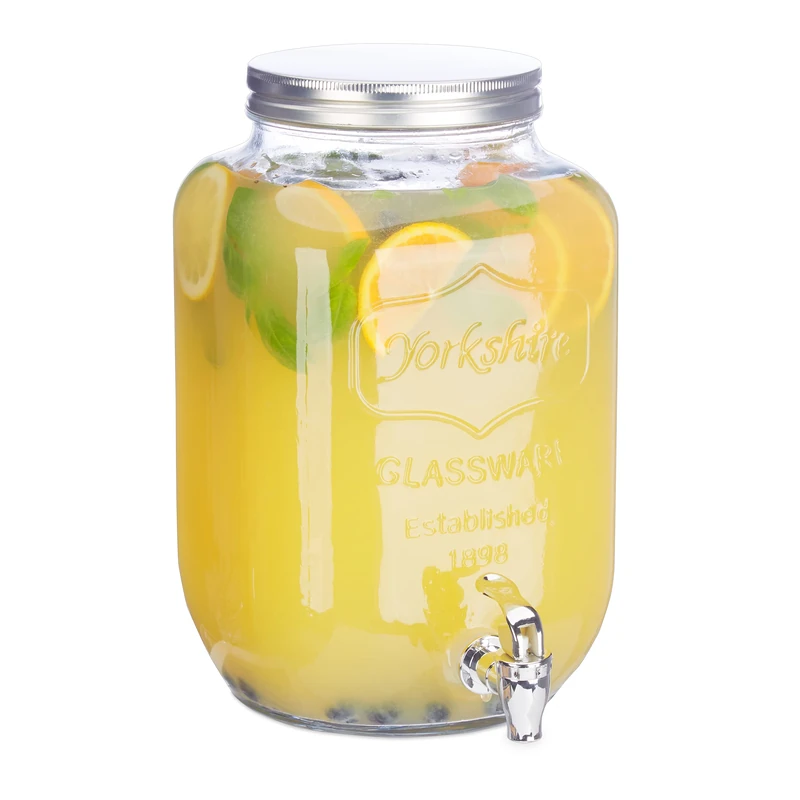 Relaxdays Iced-Beverage Glass Dispenser 8 L, Tap, Retro Juice Decanter, Transparent Vintage Lemonade Dispenser