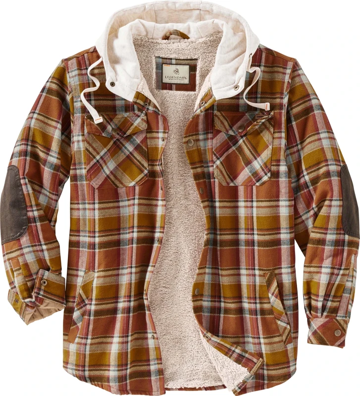 Legendary Whitetails Men's Big & Tall Camp Night Berber Lined Hooded Flannel Shirt Jacket, Arrowood Barnwood Plaid, XX-Large Tall