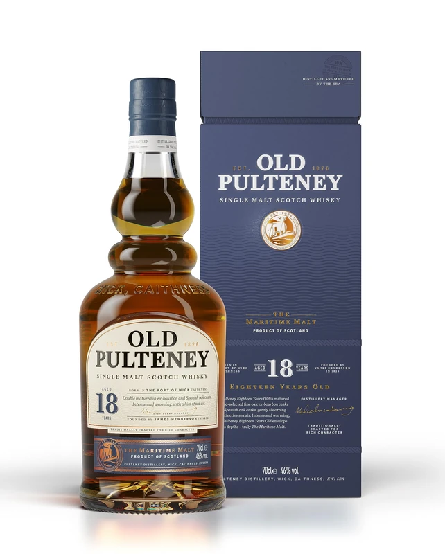 Old Pulteney 18 Year Old Single Malt Scotch Whisky, 46% ABV, 70cl, Highland Coastal Style, Matured in Ex-Bourbon & Oloroso Sherry Casks, Distilled & Aged by the Sea