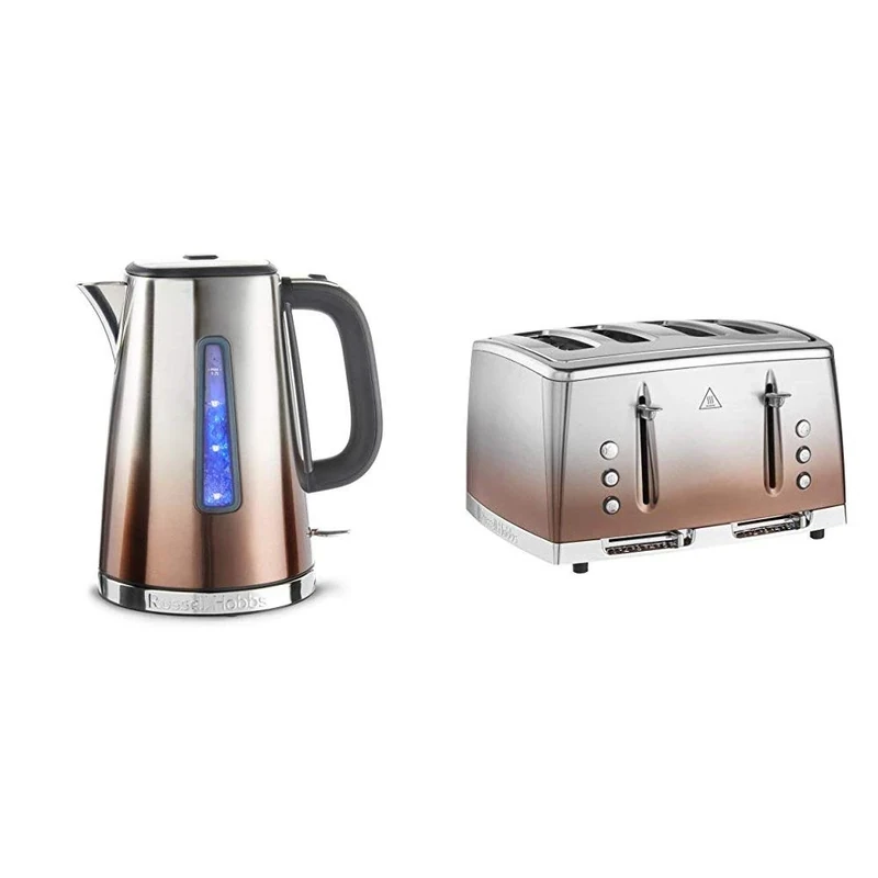 Russell Hobbs 25113 Polished Eclipse Ombre Electric Kettle, Stainless Steel, 3000 W, 1.7 Litre, Copper Sunset with 4 Slice Toaster